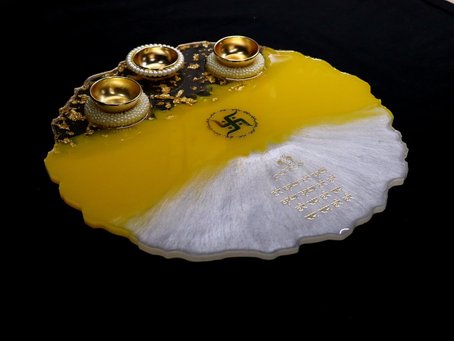 Resin Pooja Plate - Yellow with Swastika