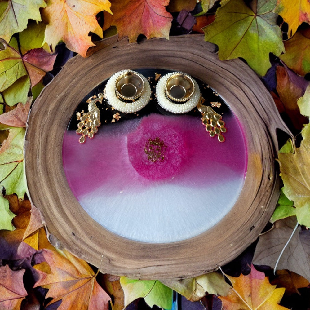 Resin Pooja Plate - Pink white and transparent