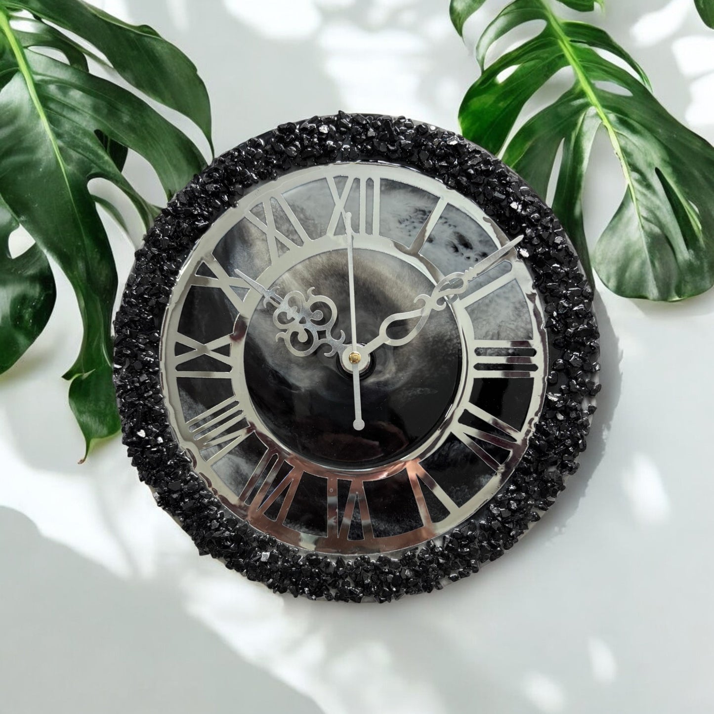 Resin Clock - Beaded Roman Black