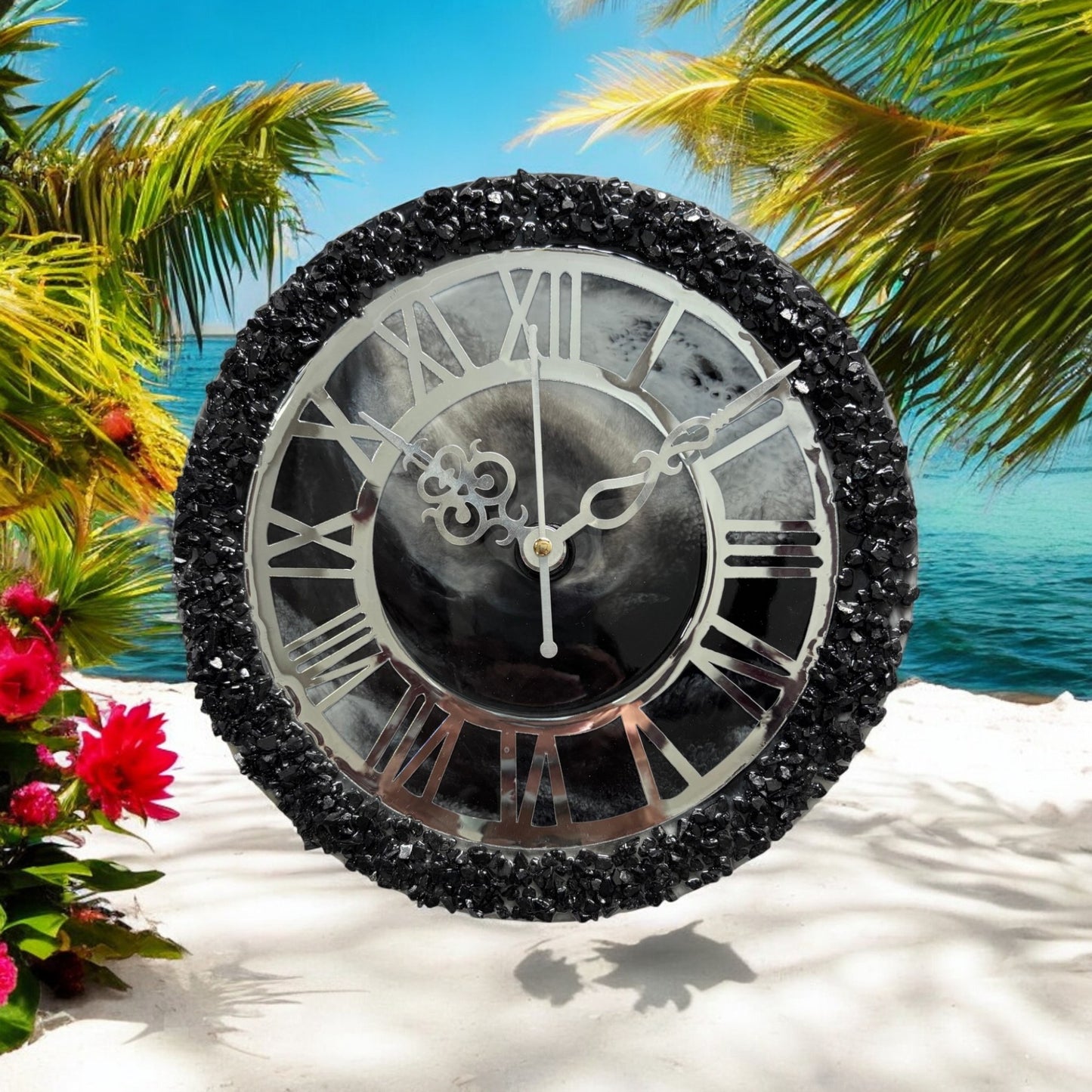 Resin Clock - Beaded Roman Black