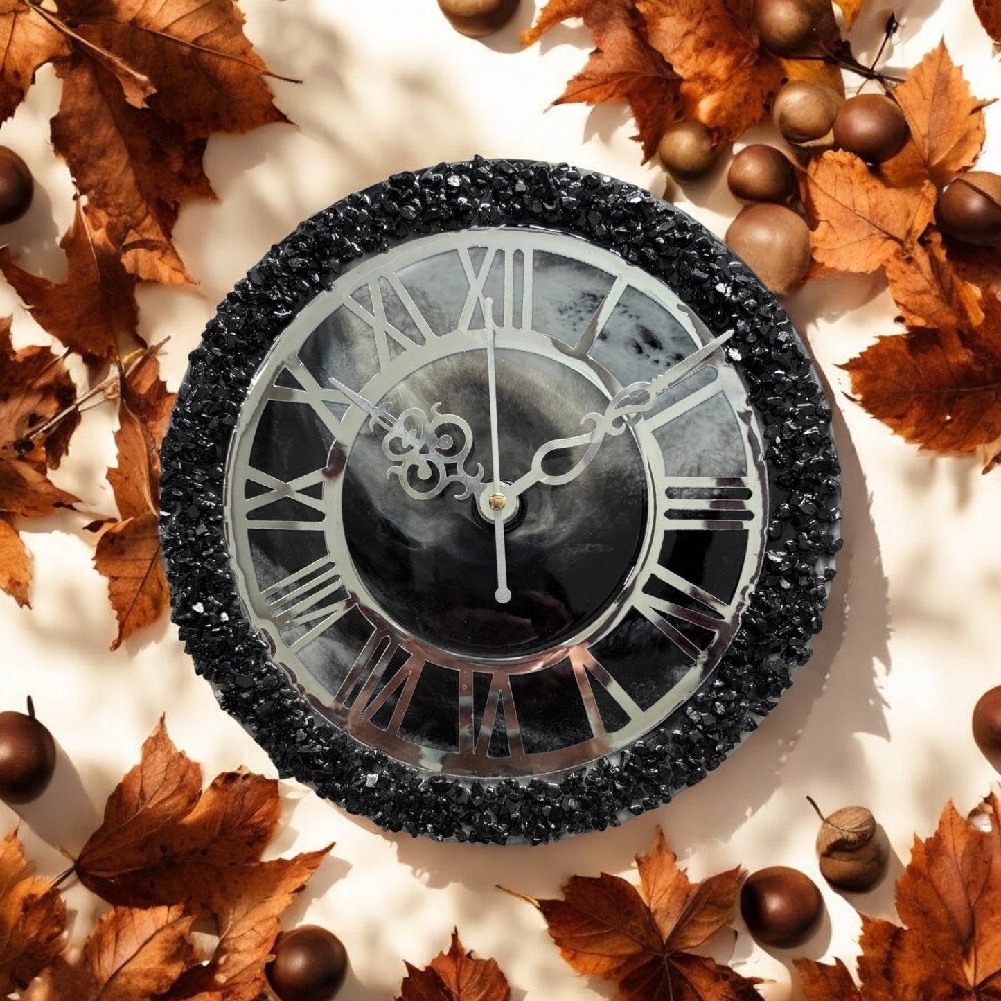 Resin Clock - Beaded Roman Black