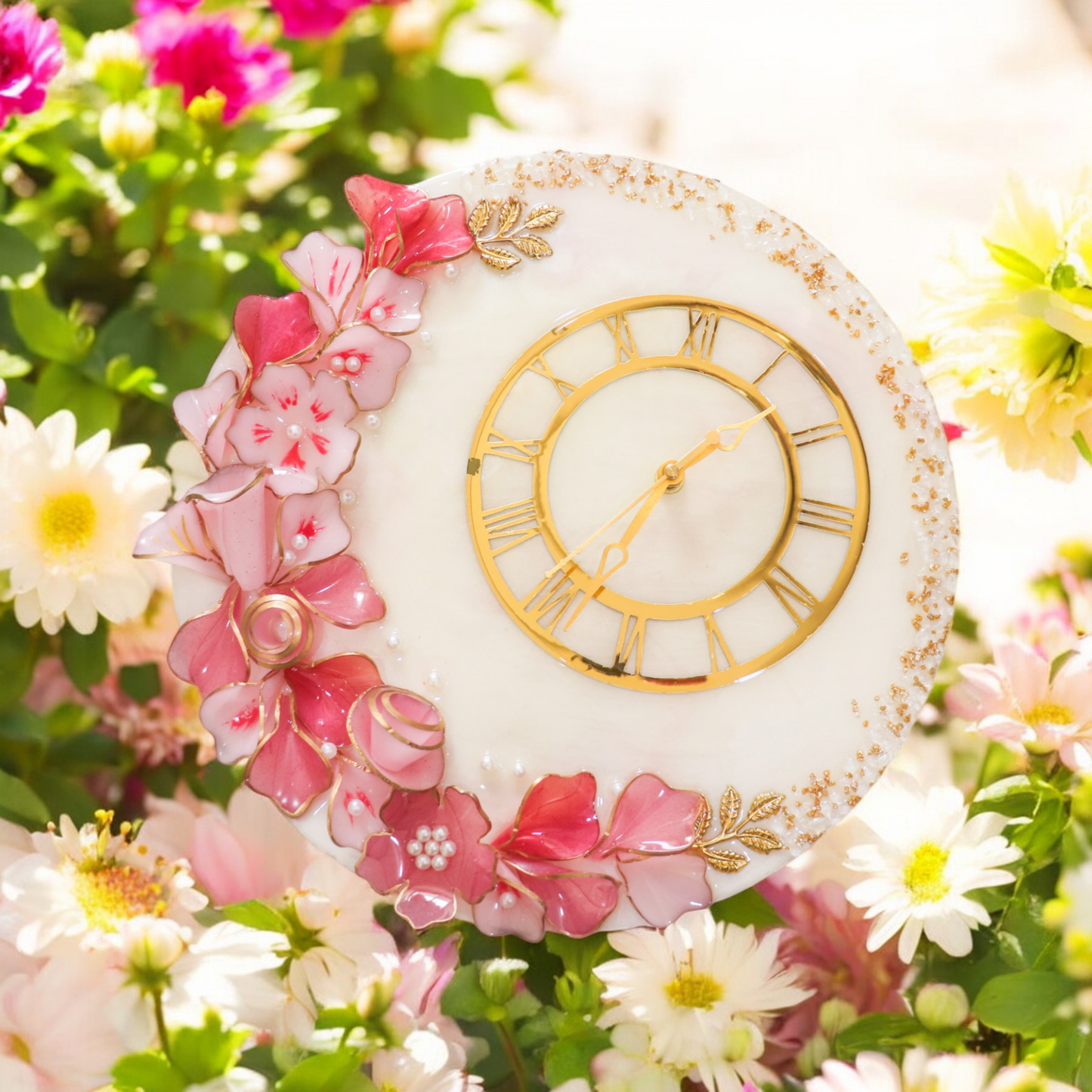 Resin Flower Clock - Pink & Red