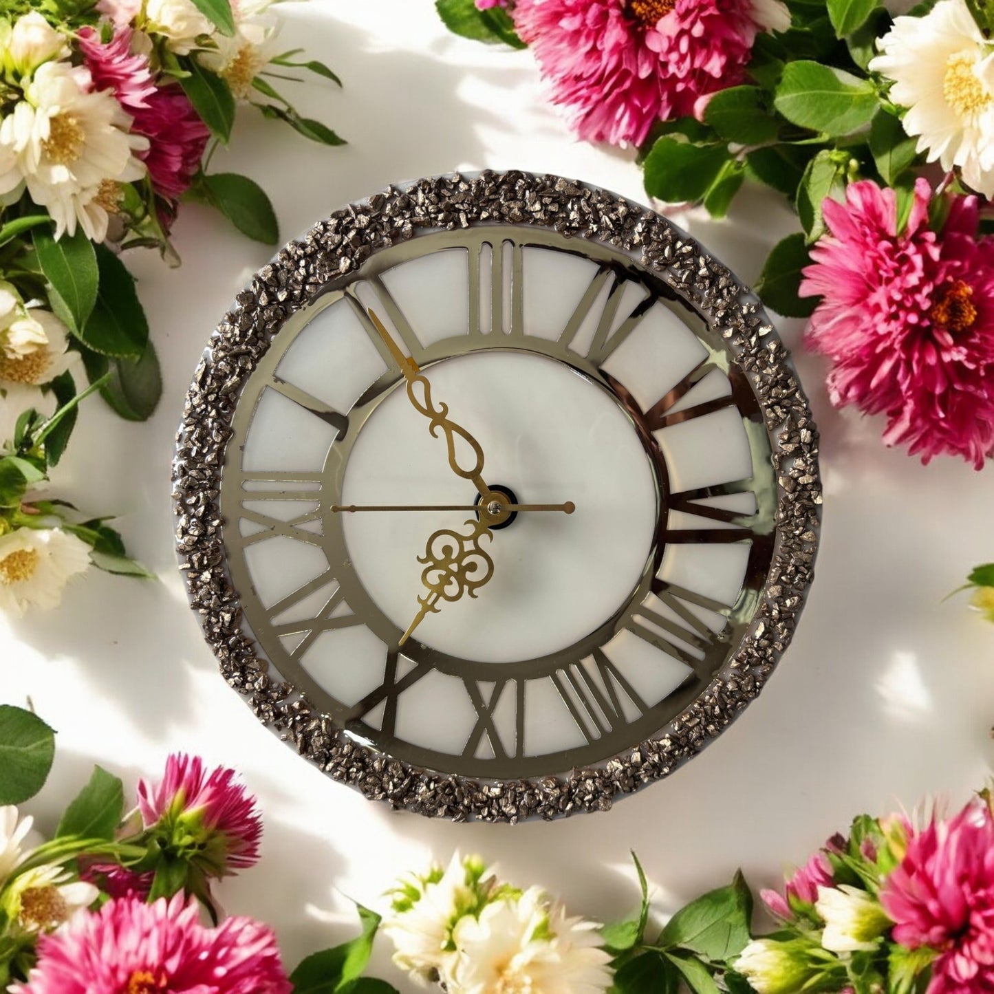 Resin Clock - Beaded Roman White