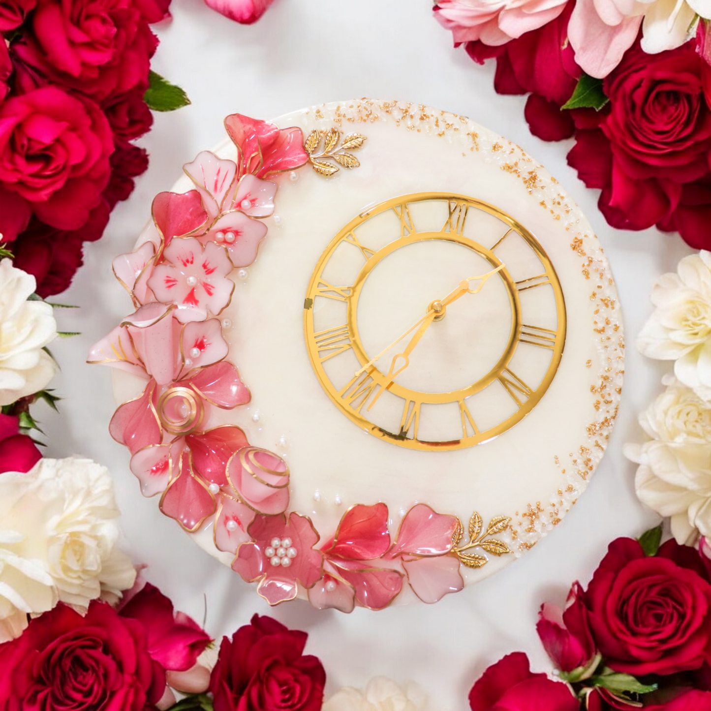 Resin Flower Clock - Pink & Red