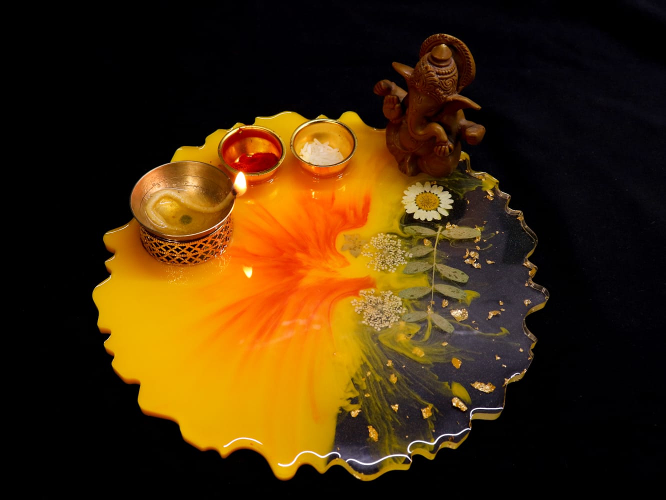 Resin Pooja Plate - Yellow with flower effect