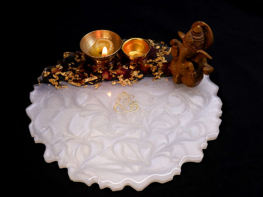 Resin Pooja Plate - White with Rose leaves