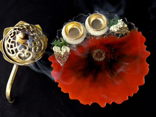 Resin Pooja Plate - Red with white flowers