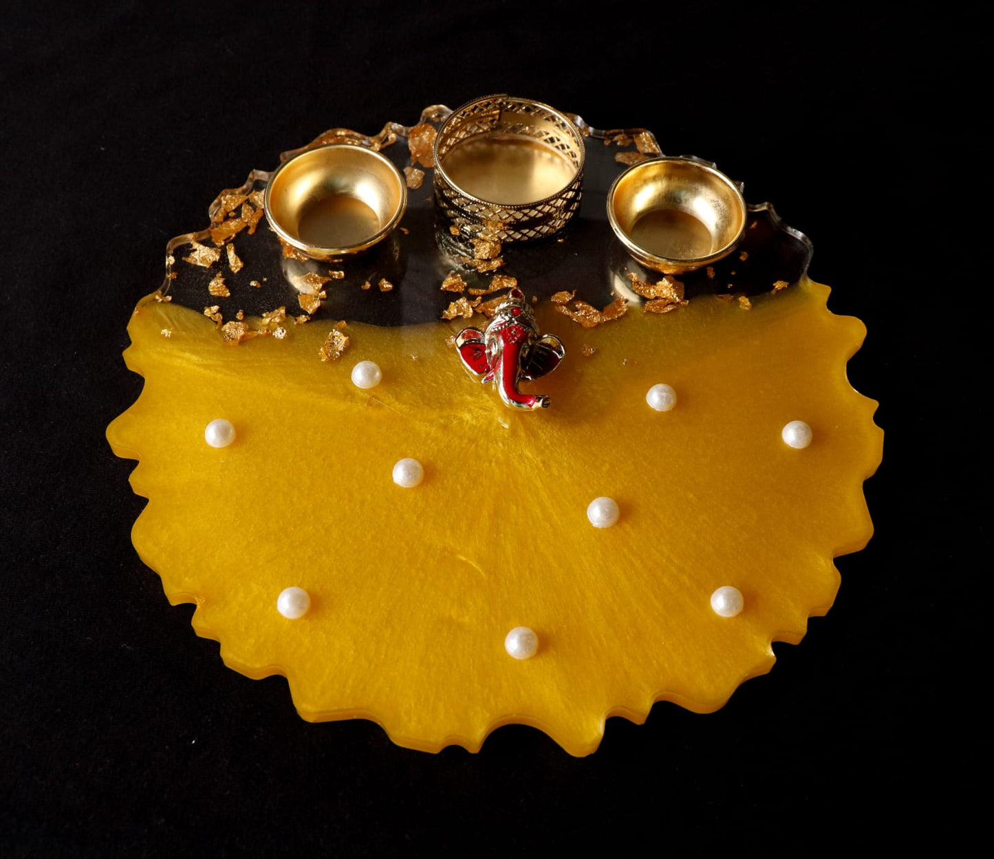 Resin Pooja Plate - Metallic Yellow