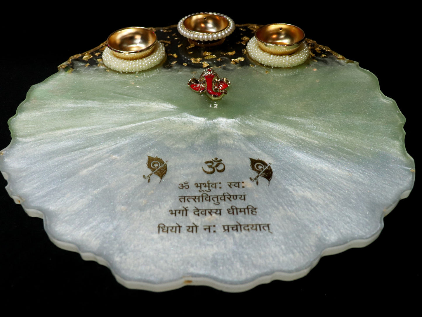 Resin Pooja Plate - Sea Green with Ganpati