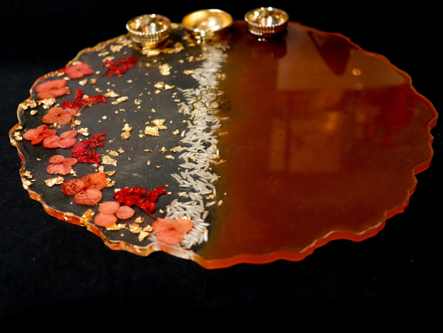 Resin Pooja Plate - Red with Flowers