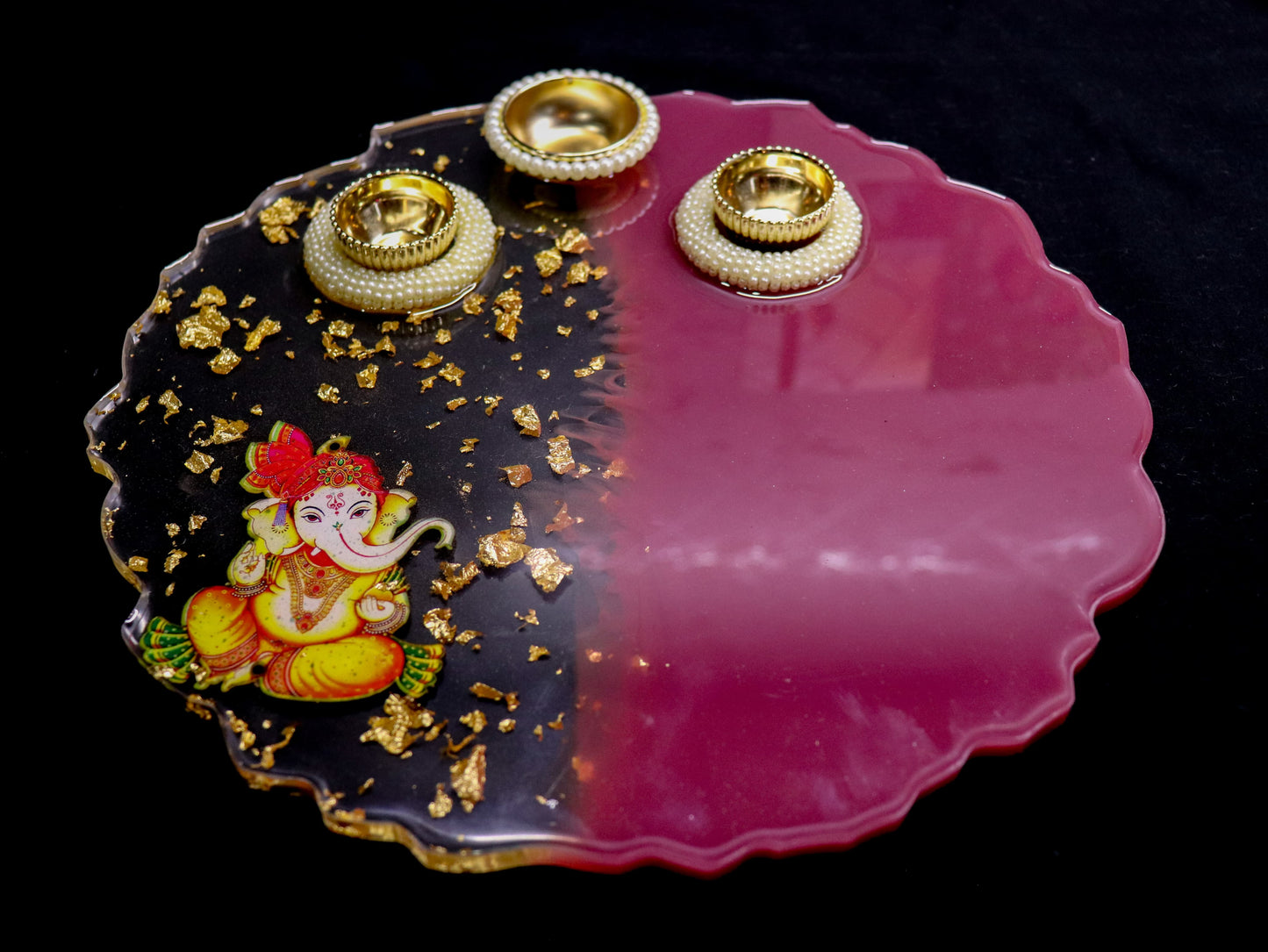 Resin Pooja Plate - Burgundy with Ganpati