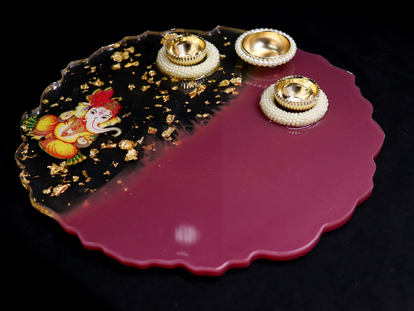 Resin Pooja Plate - Burgundy with Ganpati