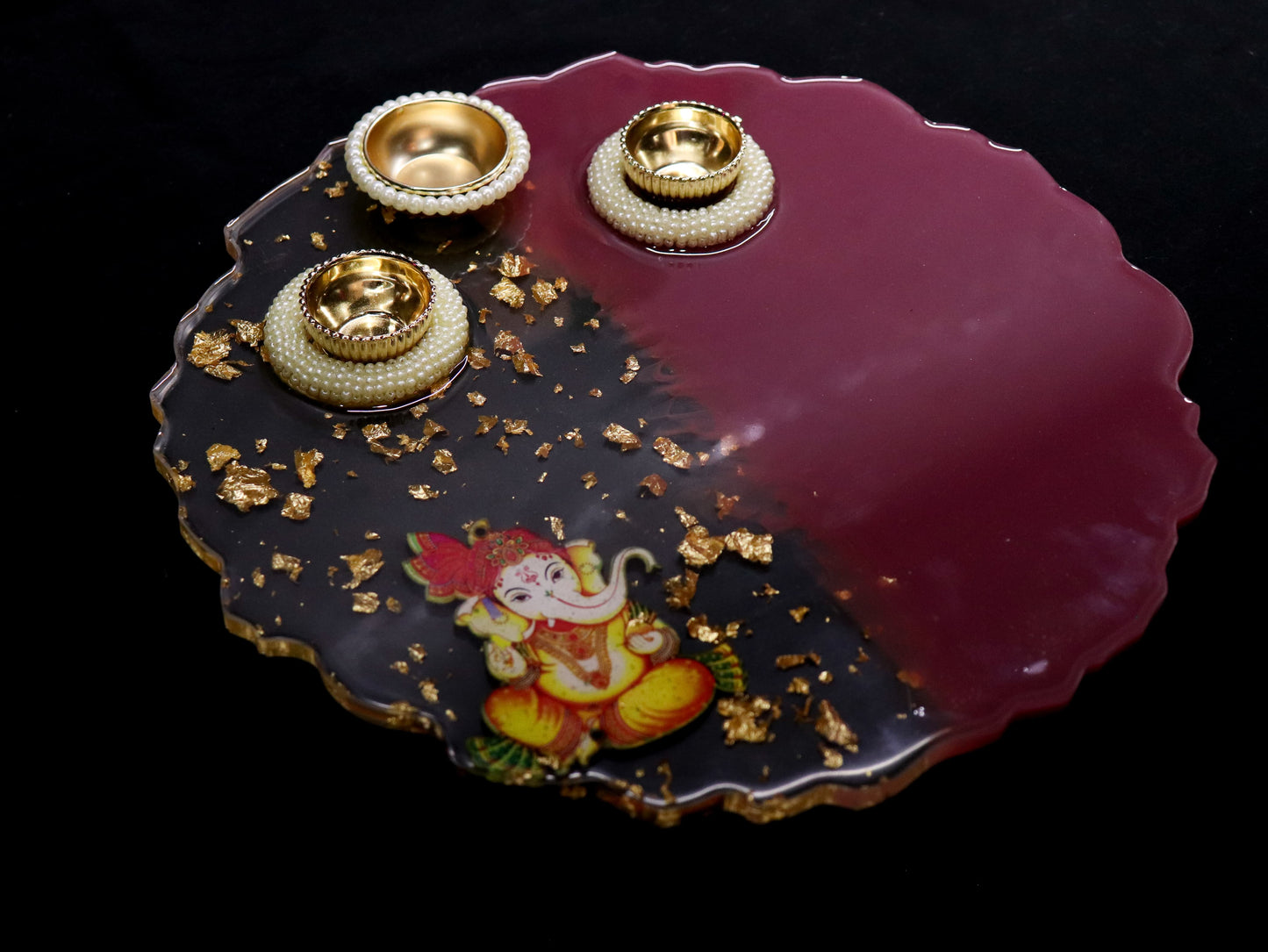 Resin Pooja Plate - Burgundy with Ganpati