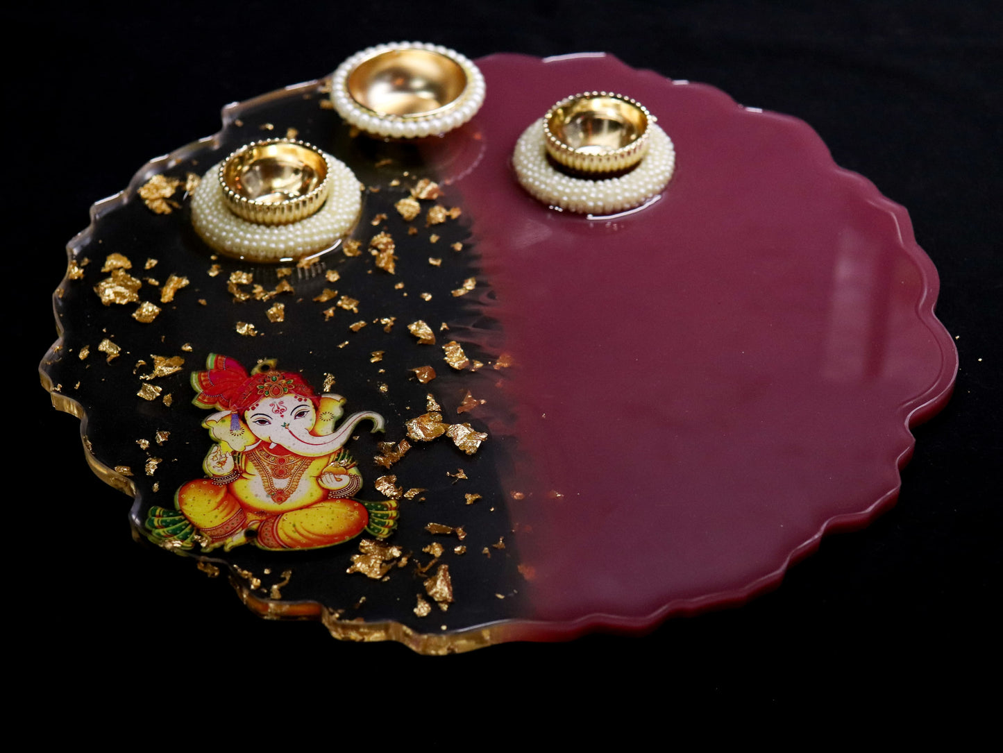 Resin Pooja Plate - Burgundy with Ganpati