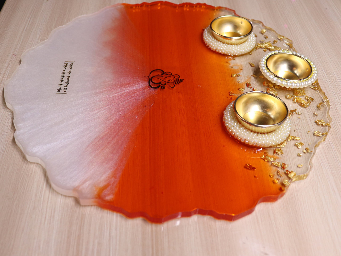 Resin Pooja Plate - Orange with Mantra