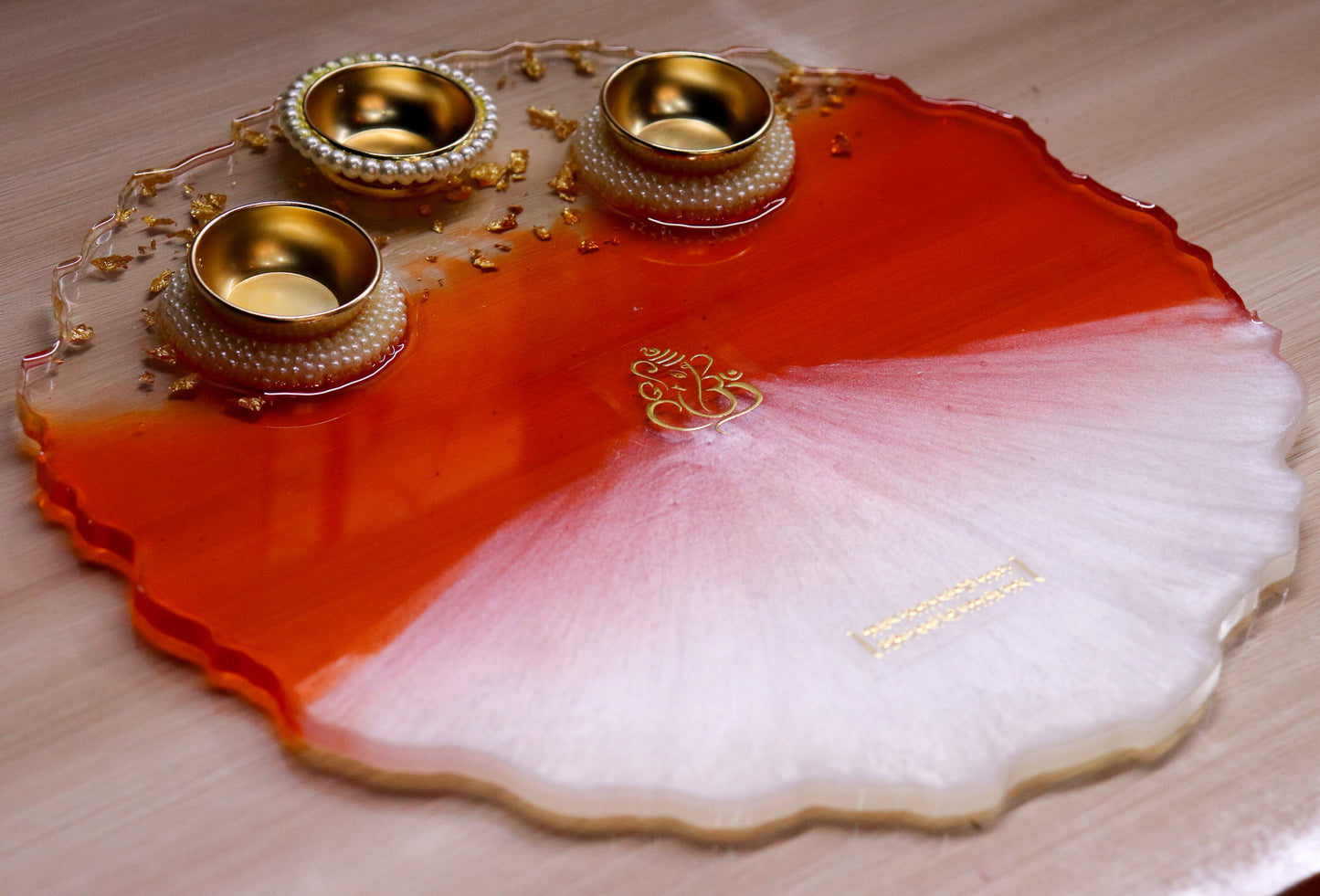 Resin Pooja Plate - Orange with Mantra