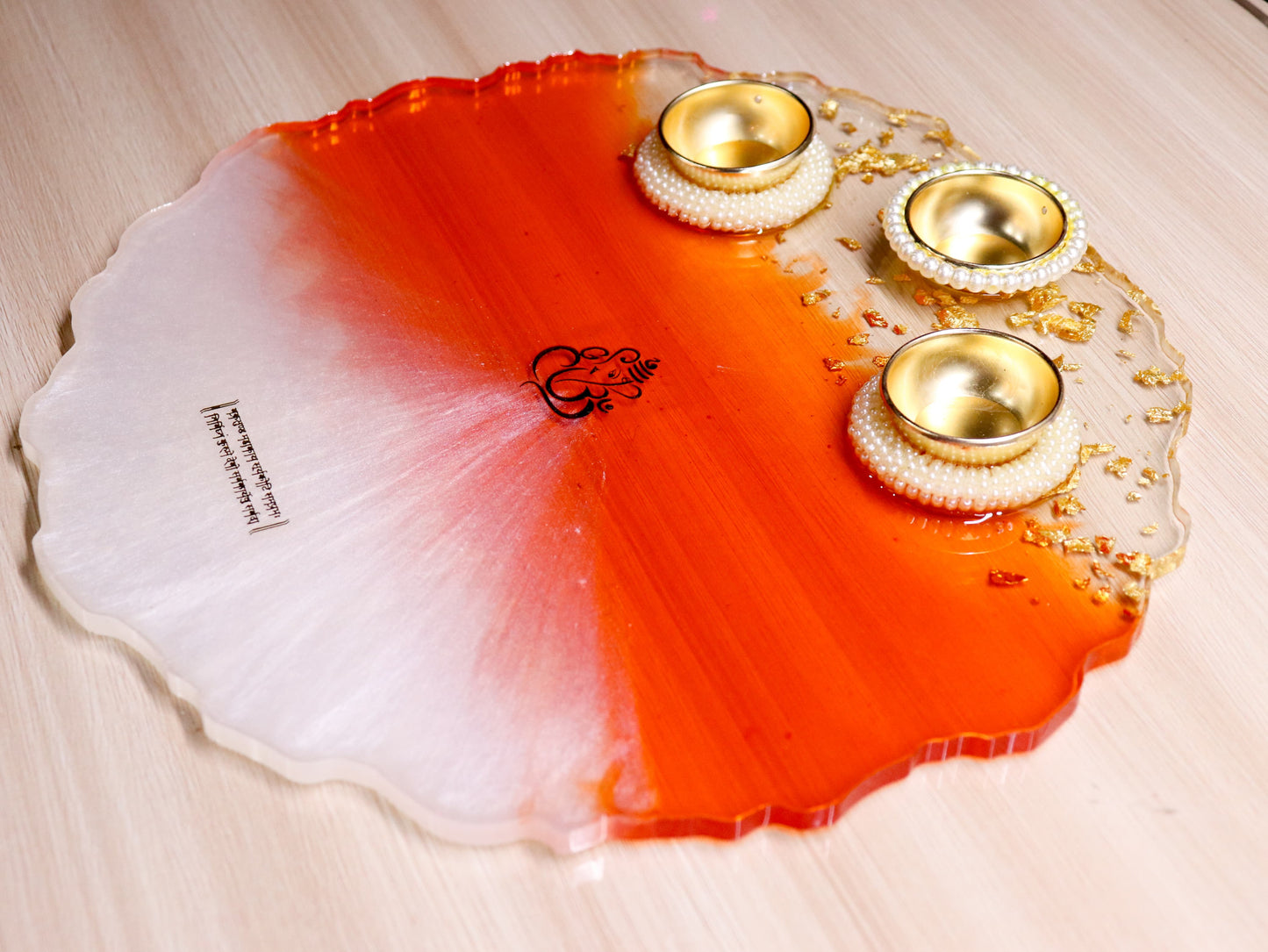 Resin Pooja Plate - Orange with Mantra