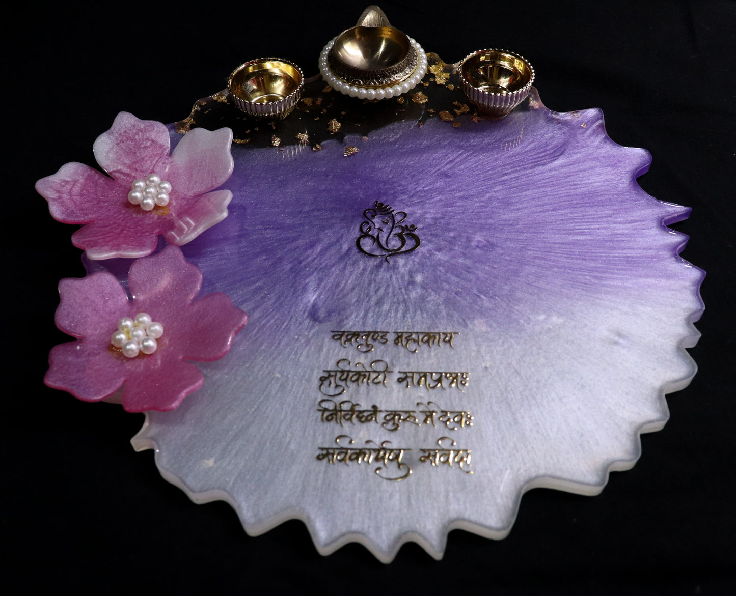 Resin Pooja Plate - Purple with flowers