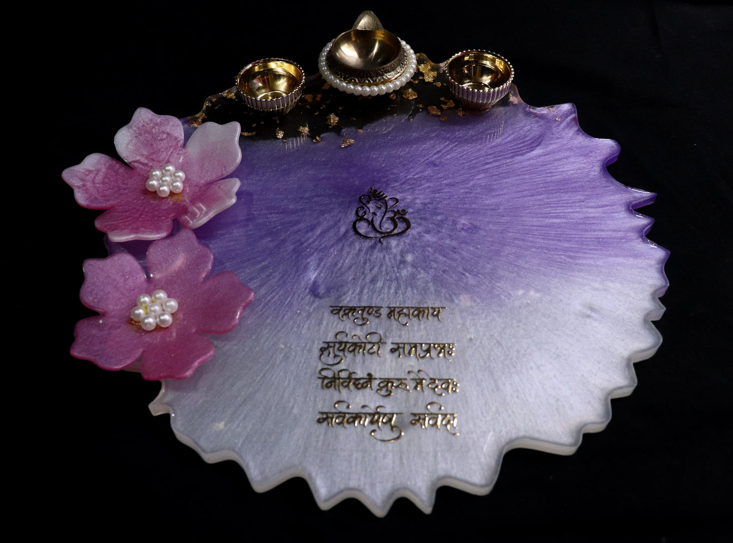 Resin Pooja Plate - Purple with flowers