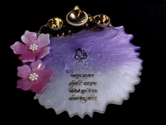 Resin Pooja Plate - Purple with flowers