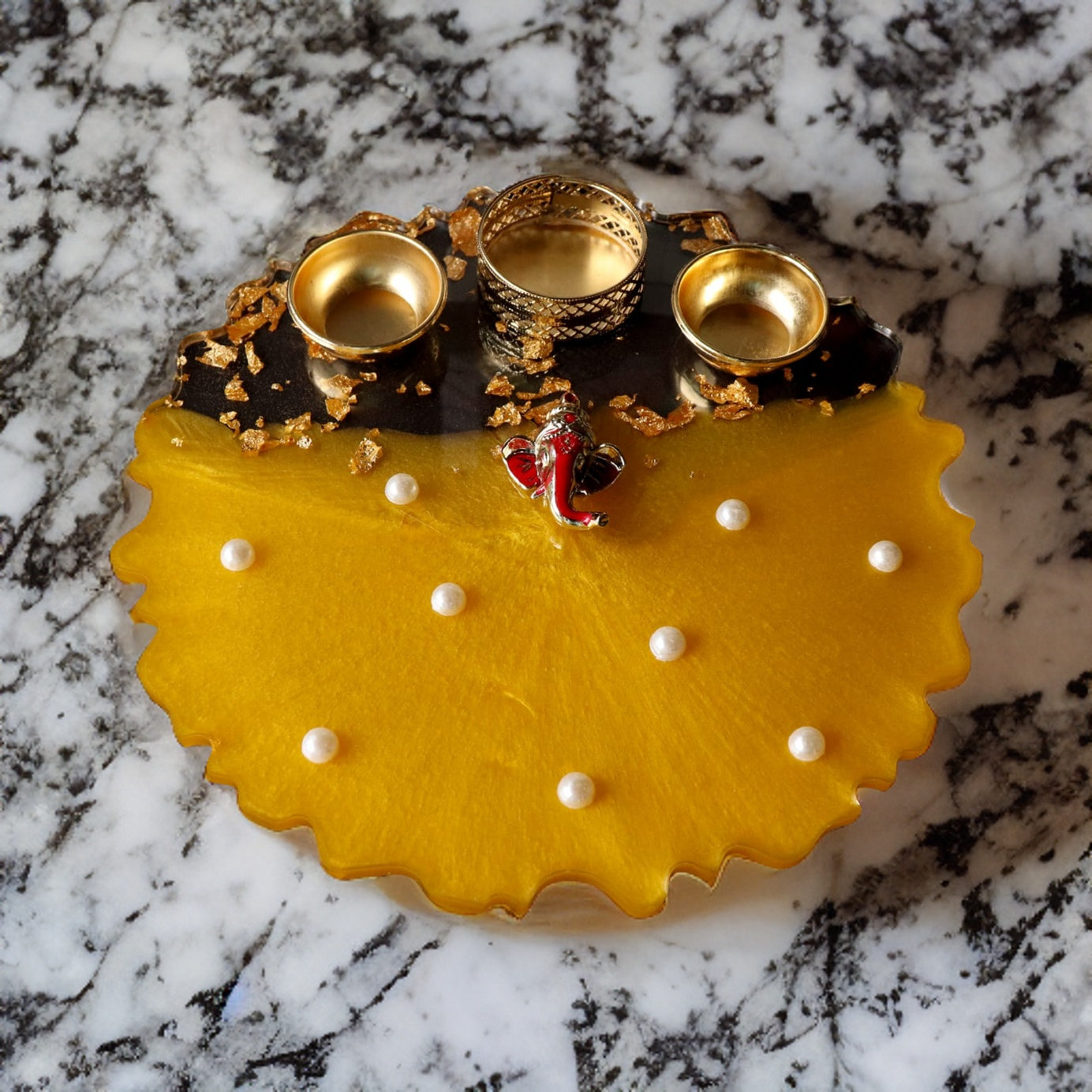 Resin Pooja Plate - Metallic Yellow