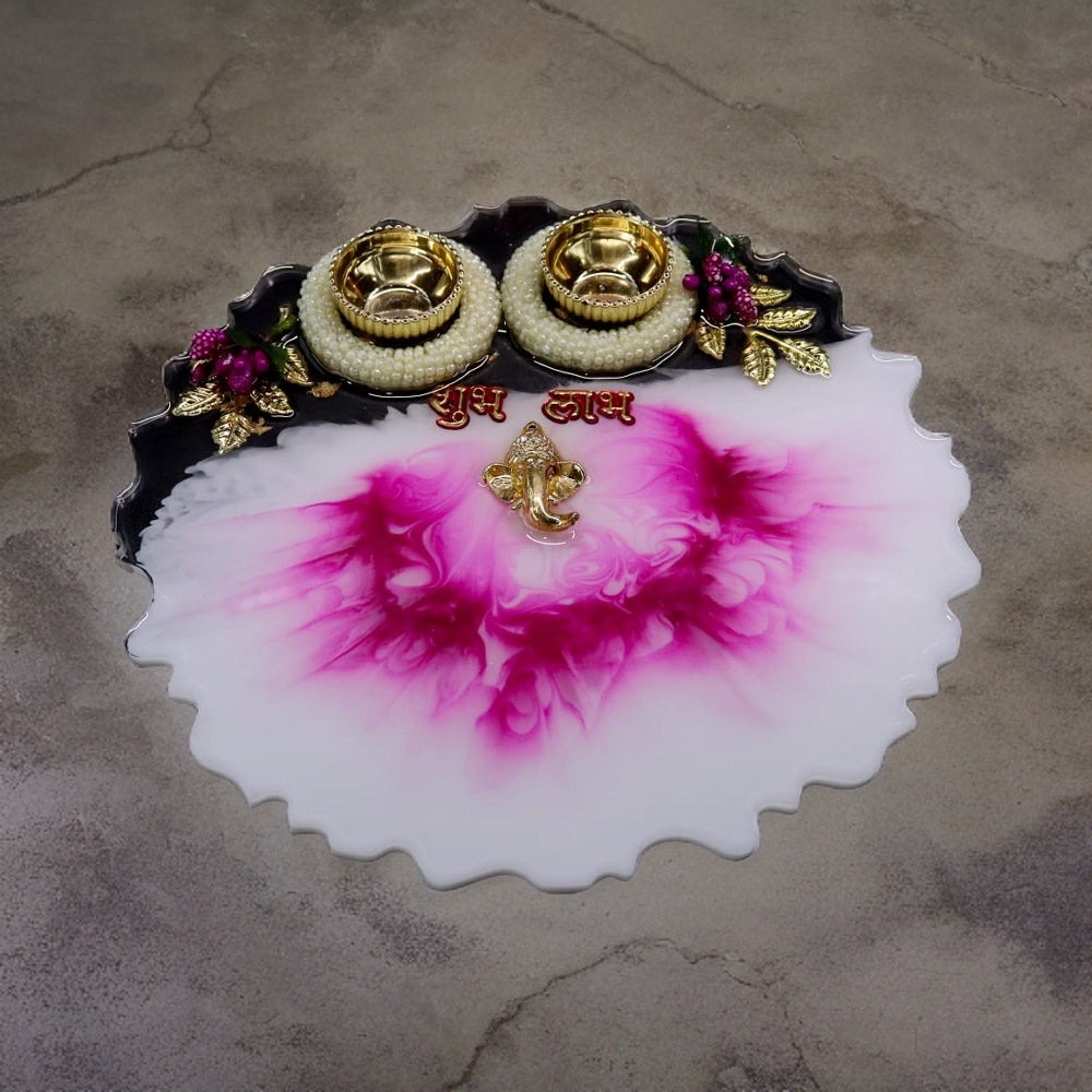 Resin Pooja Plate - White and Pink