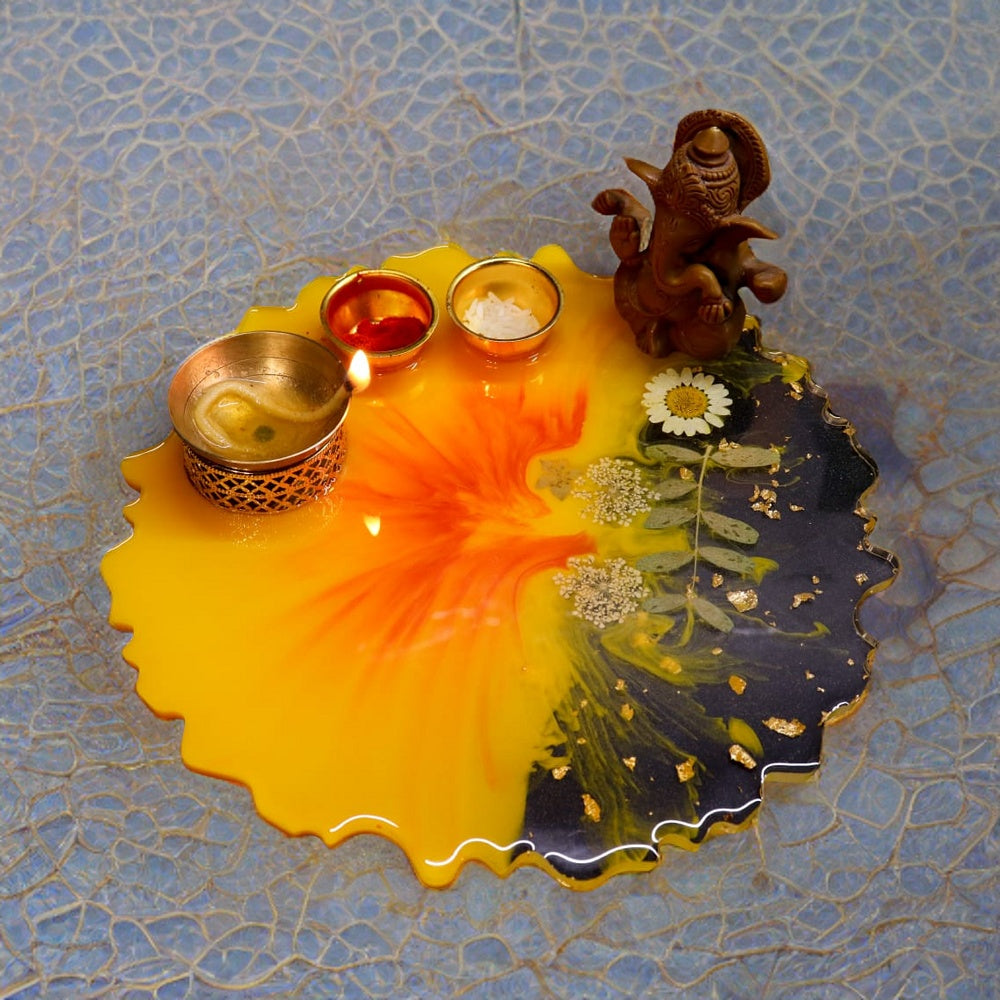 Resin Pooja Plate - Yellow with flower effect