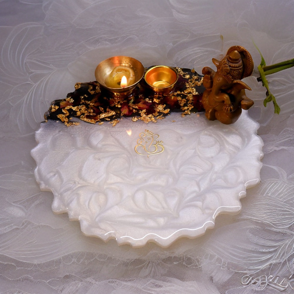 Resin Pooja Plate - White with Rose leaves