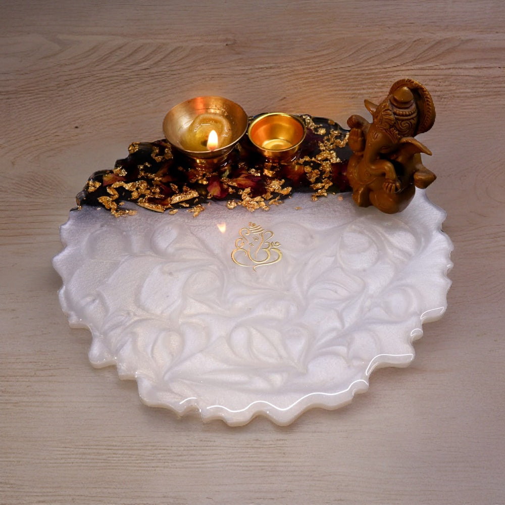 Resin Pooja Plate - White with Rose leaves