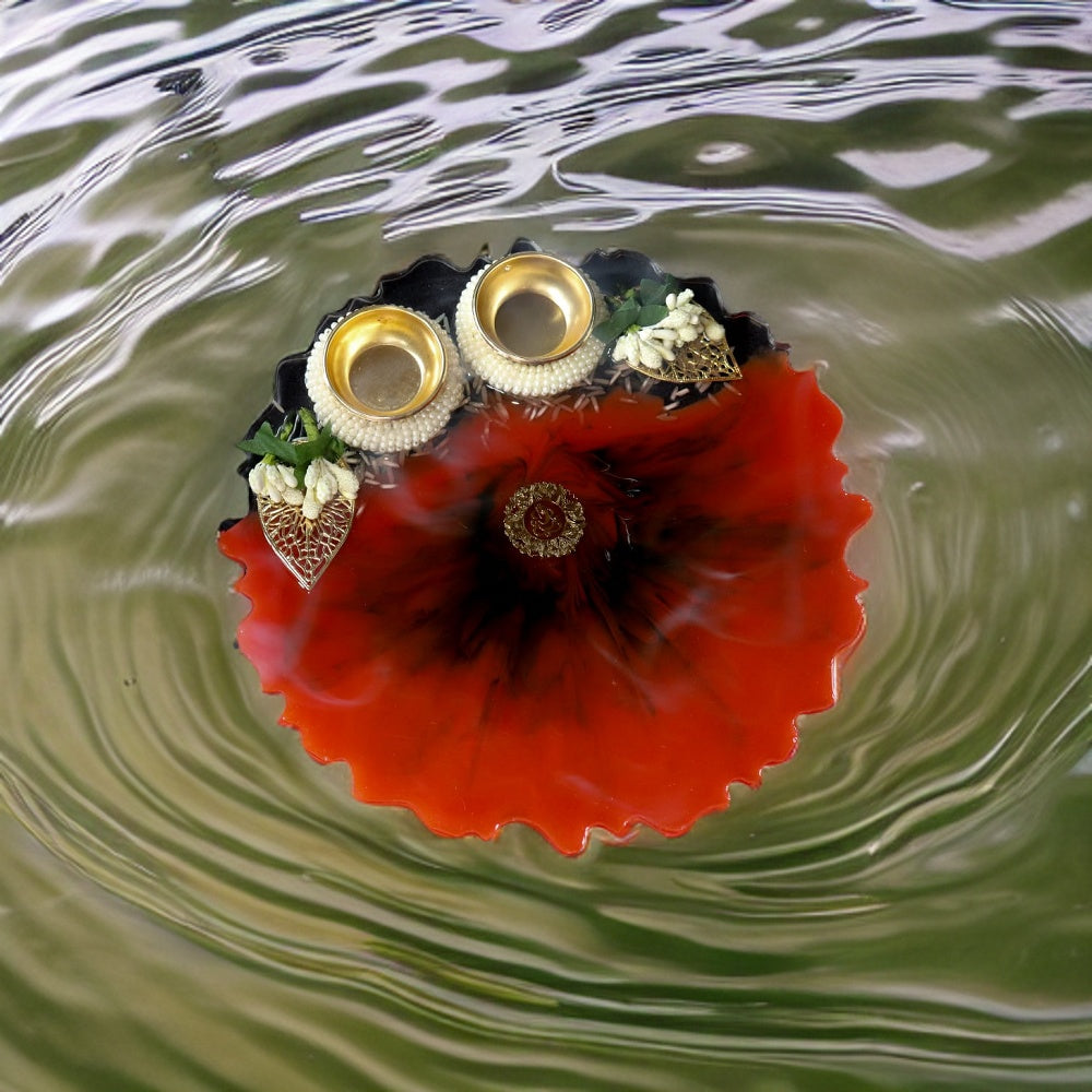 Resin Pooja Plate - Red with white flowers