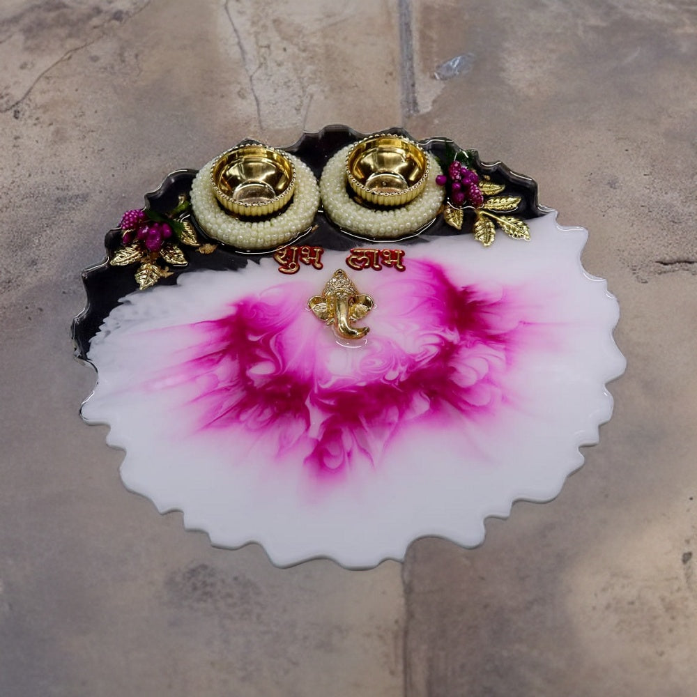 Resin Pooja Plate - White and Pink