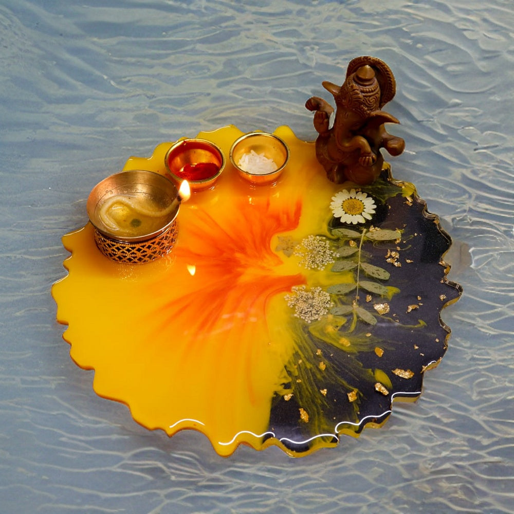 Resin Pooja Plate - Yellow with flower effect