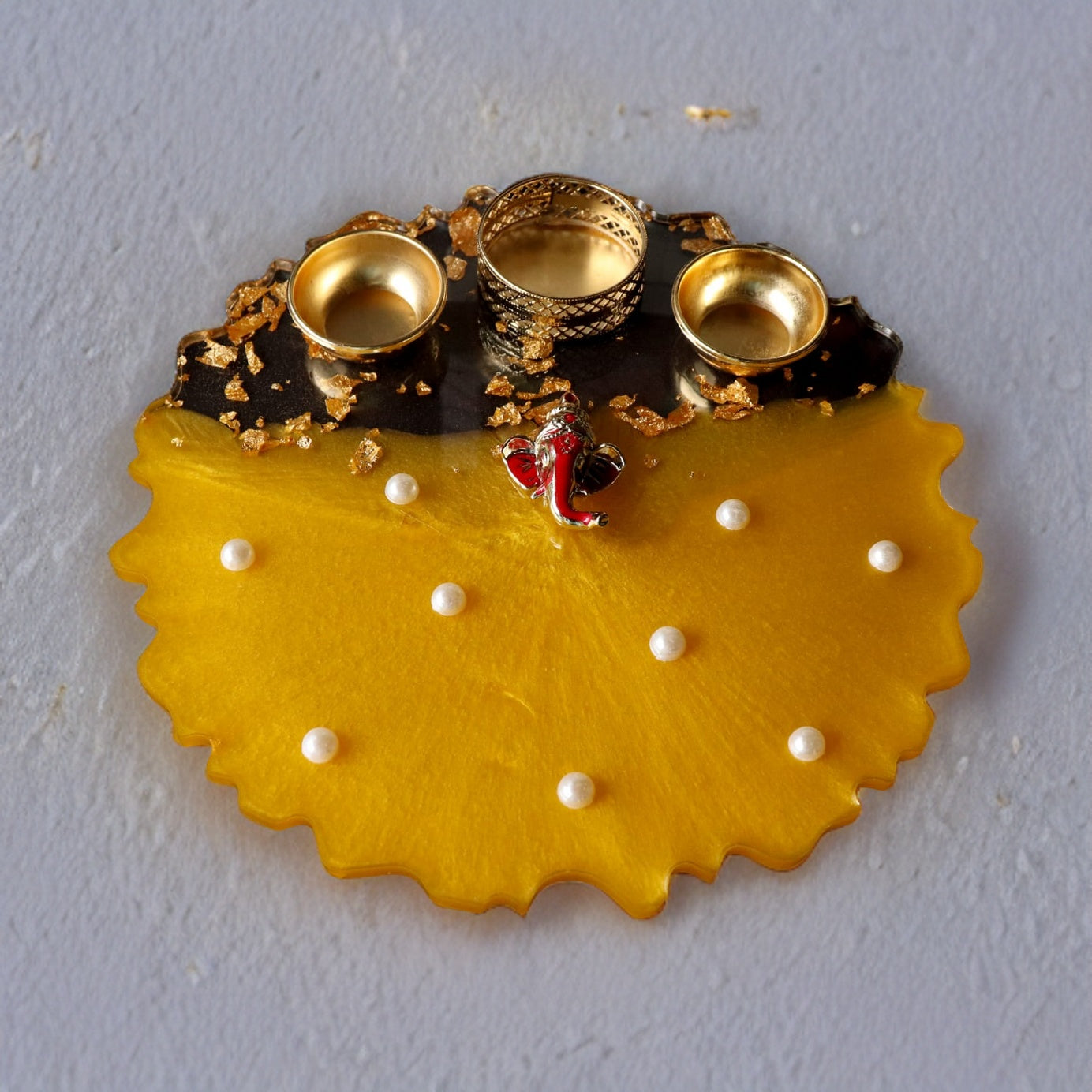 Resin Pooja Plate - Metallic Yellow