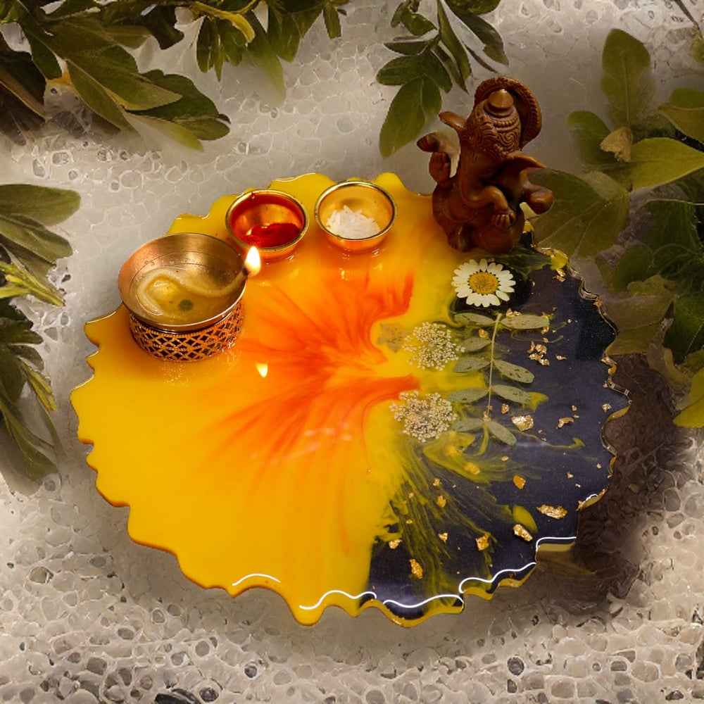 Resin Pooja Plate - Yellow with flower effect