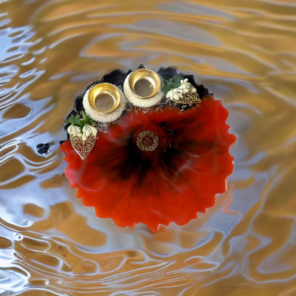 Resin Pooja Plate - Red with white flowers