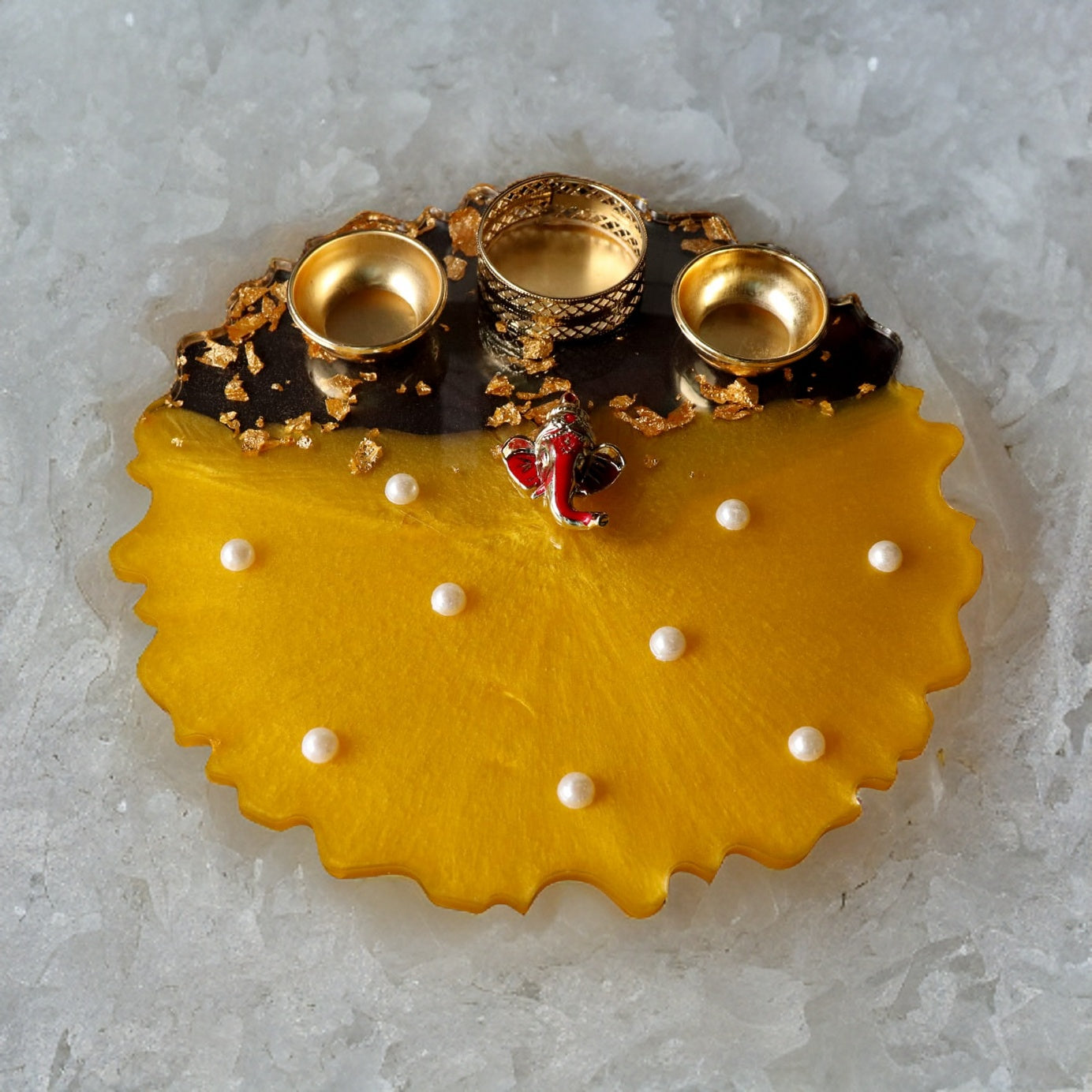 Resin Pooja Plate - Metallic Yellow