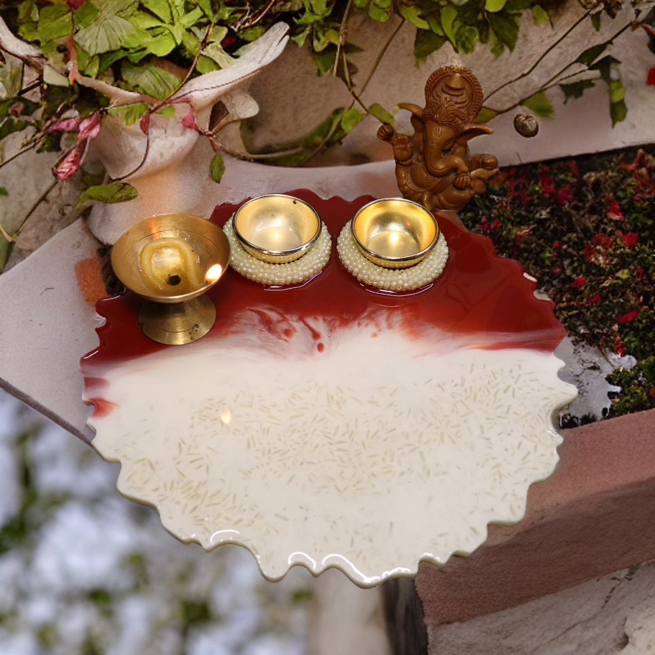 Resin Pooja Plate - Red and White