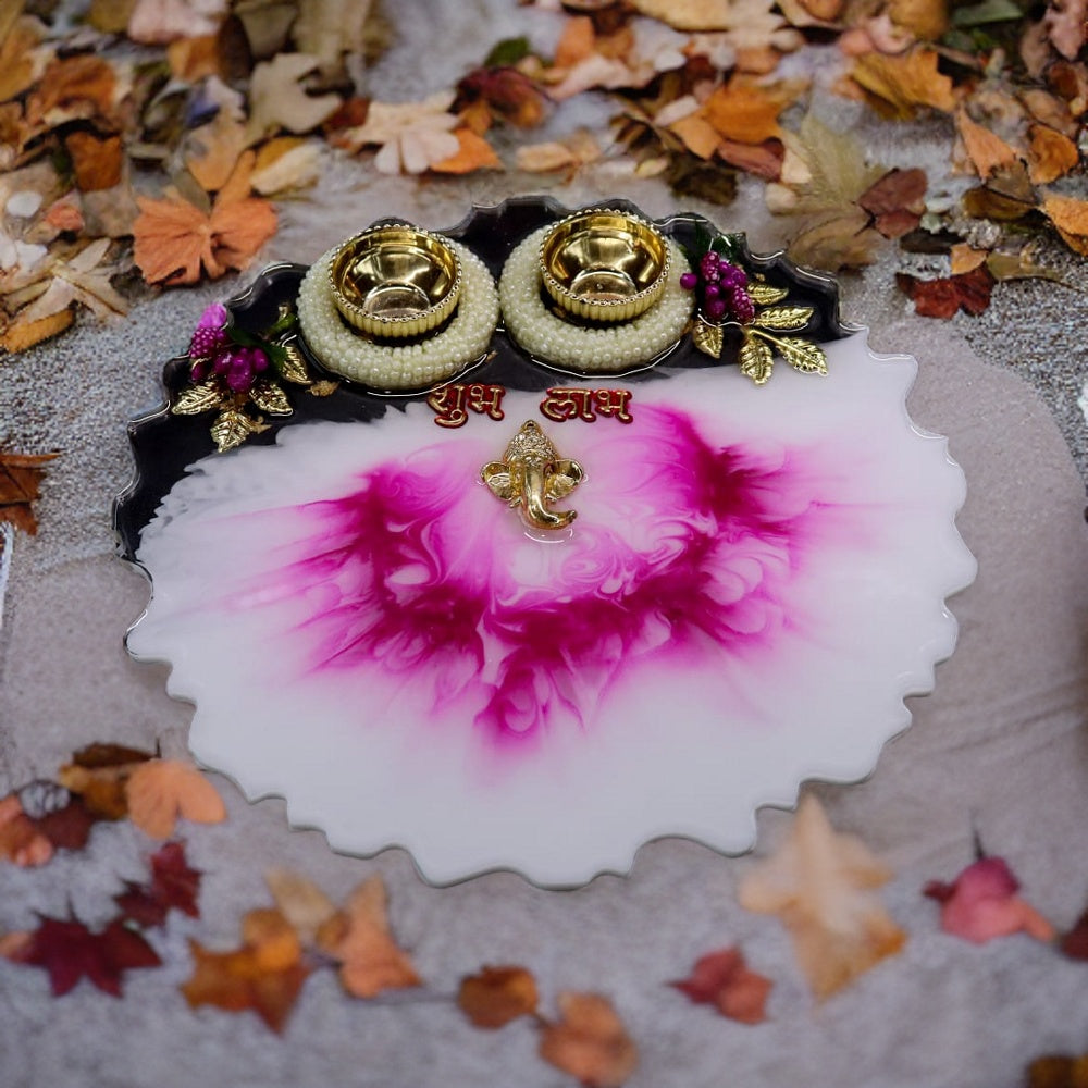 Resin Pooja Plate - White and Pink