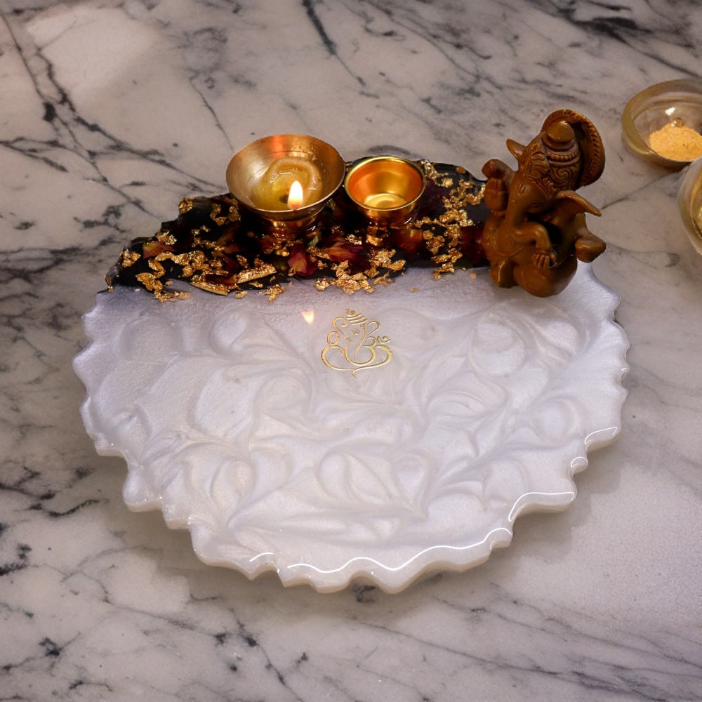 Resin Pooja Plate - White with Rose leaves