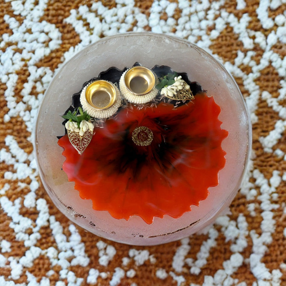 Resin Pooja Plate - Red with white flowers