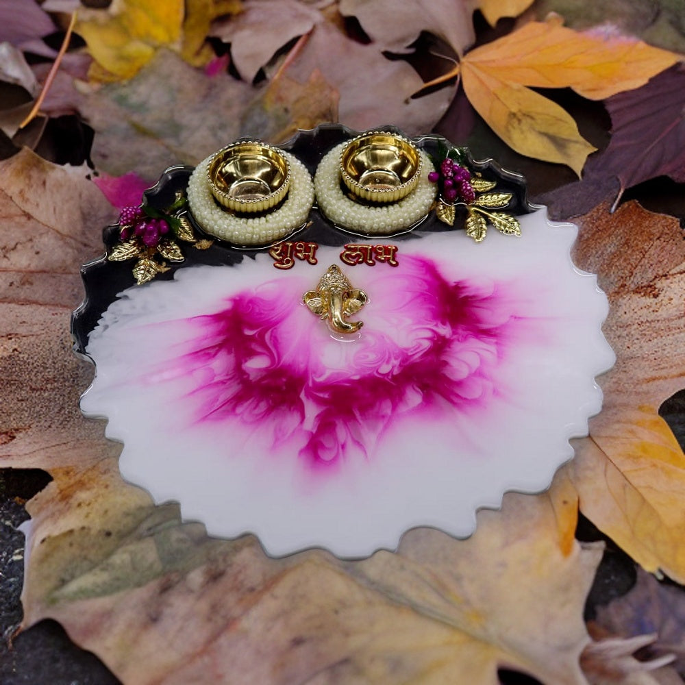 Resin Pooja Plate - White and Pink