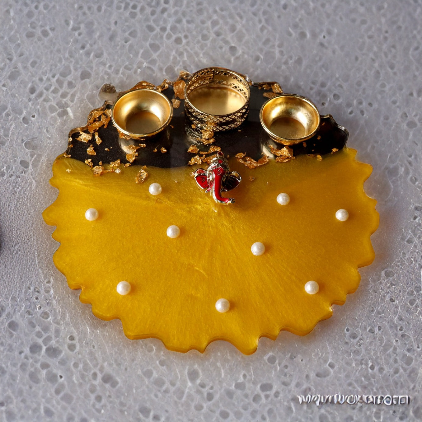 Resin Pooja Plate - Metallic Yellow