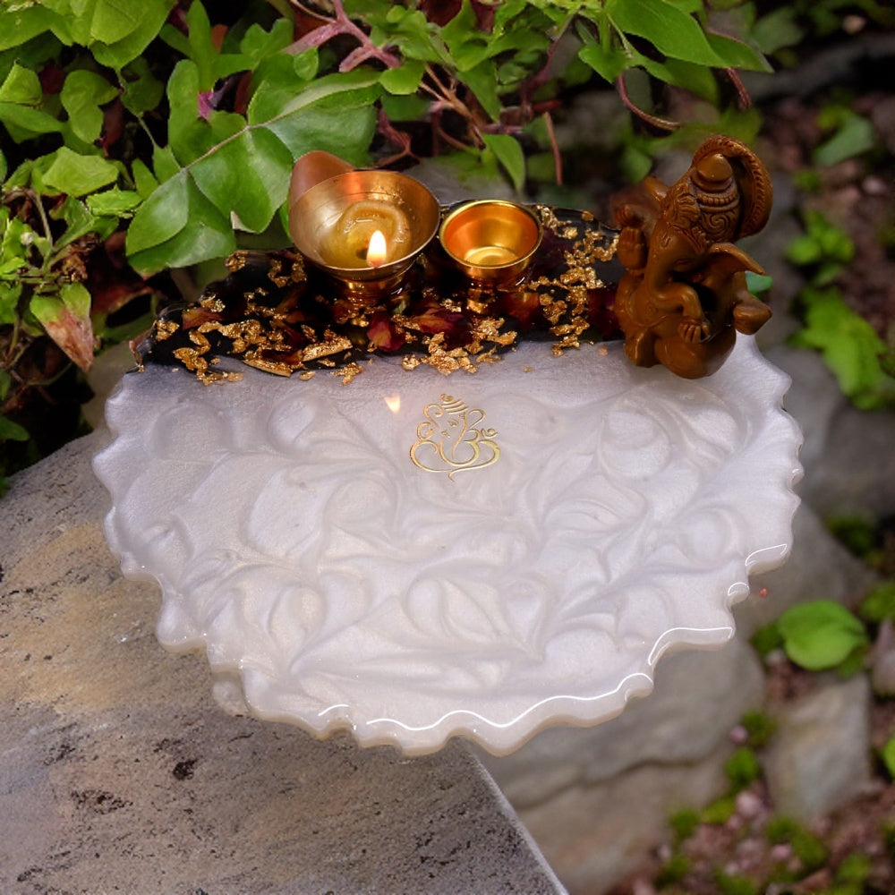 Resin Pooja Plate - White with Rose leaves