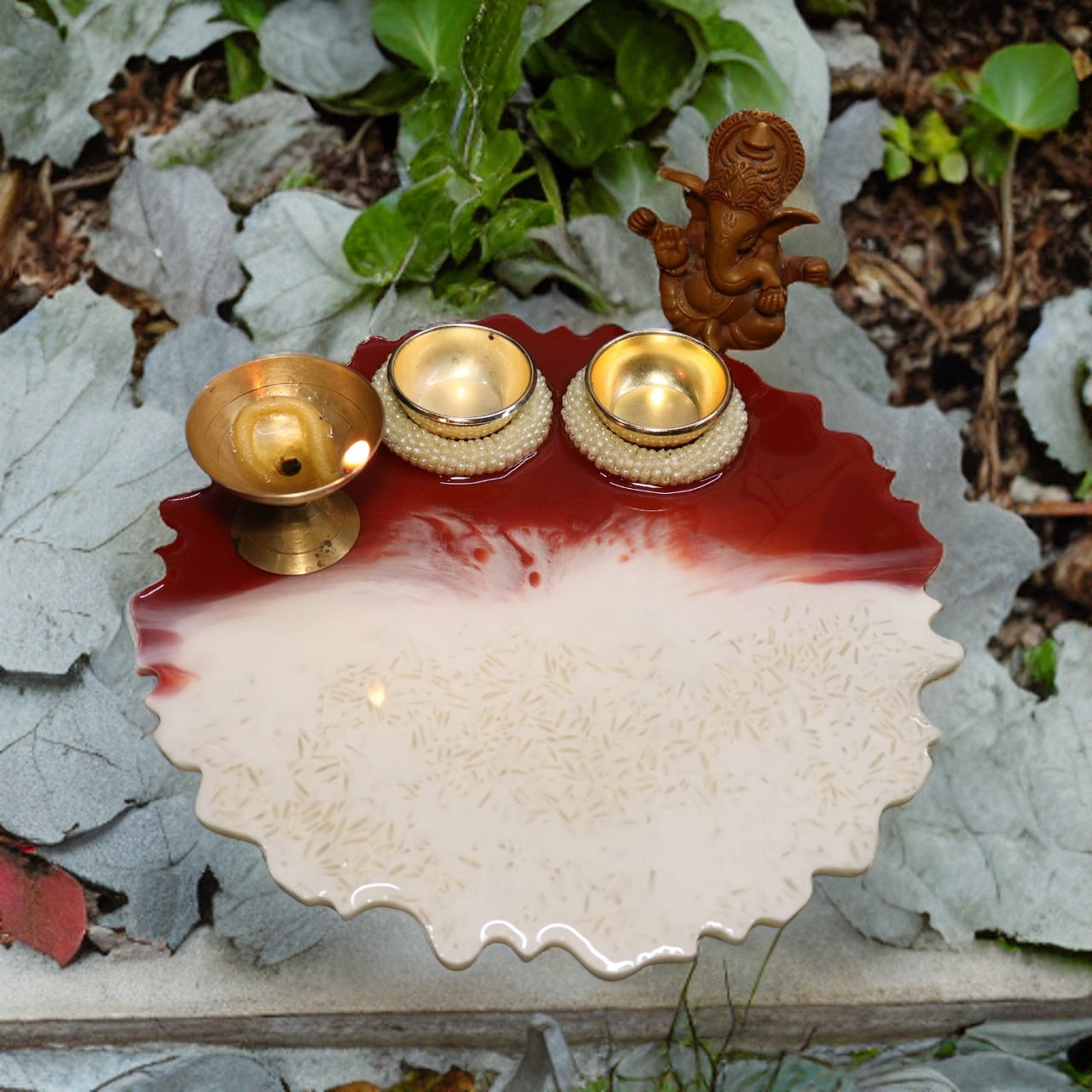 Resin Pooja Plate - Red and White