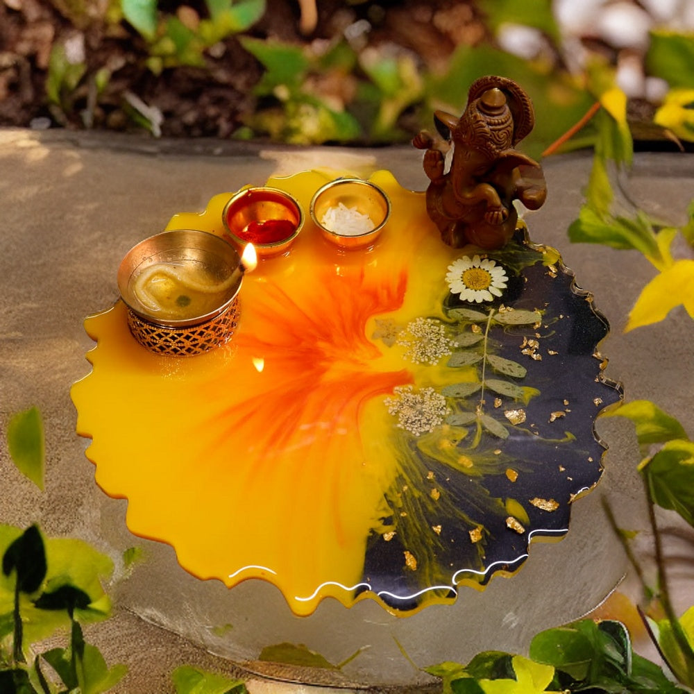 Resin Pooja Plate - Yellow with flower effect