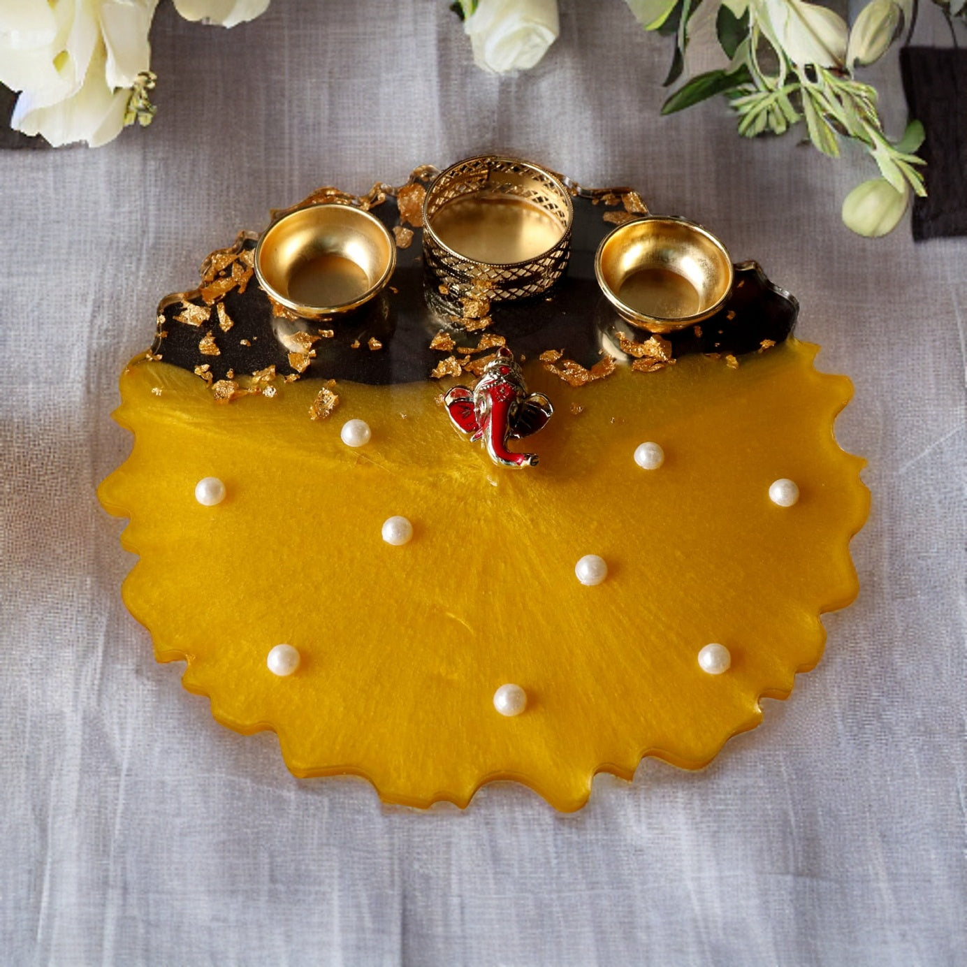 Resin Pooja Plate - Metallic Yellow