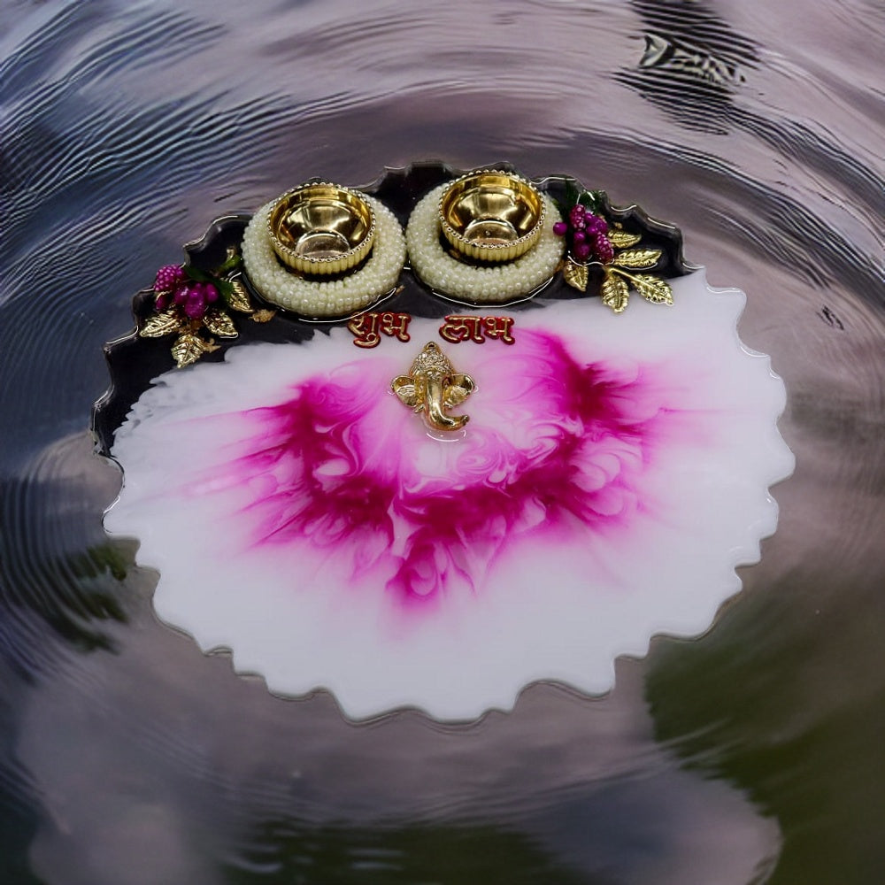 Resin Pooja Plate - White and Pink