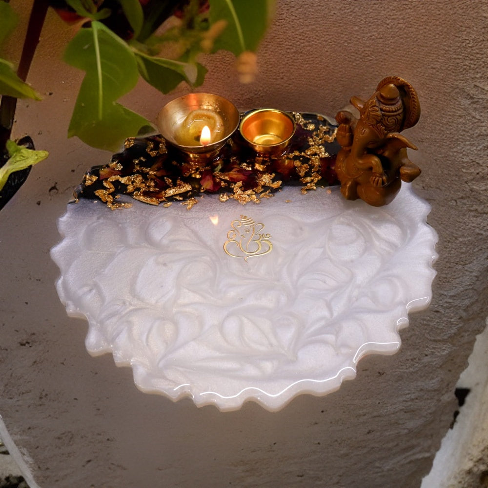 Resin Pooja Plate - White with Rose leaves