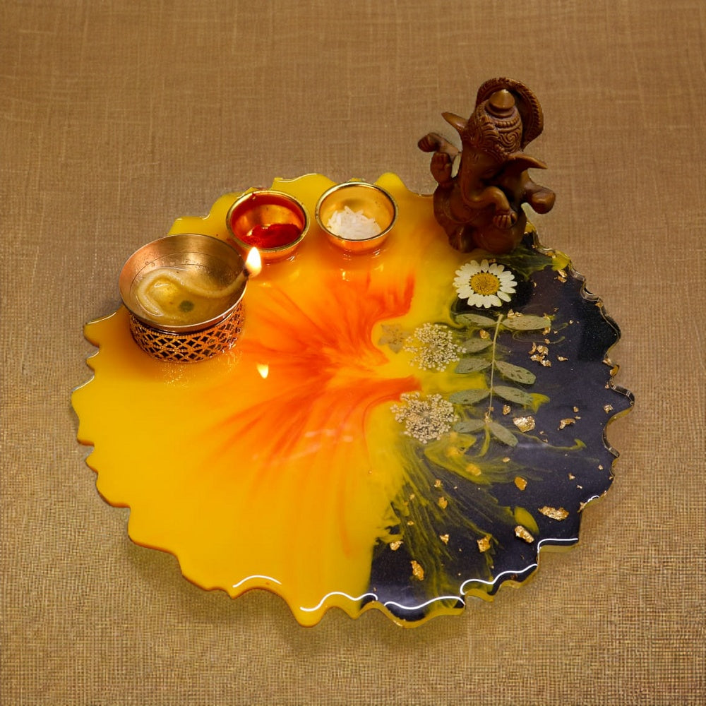 Resin Pooja Plate - Yellow with flower effect