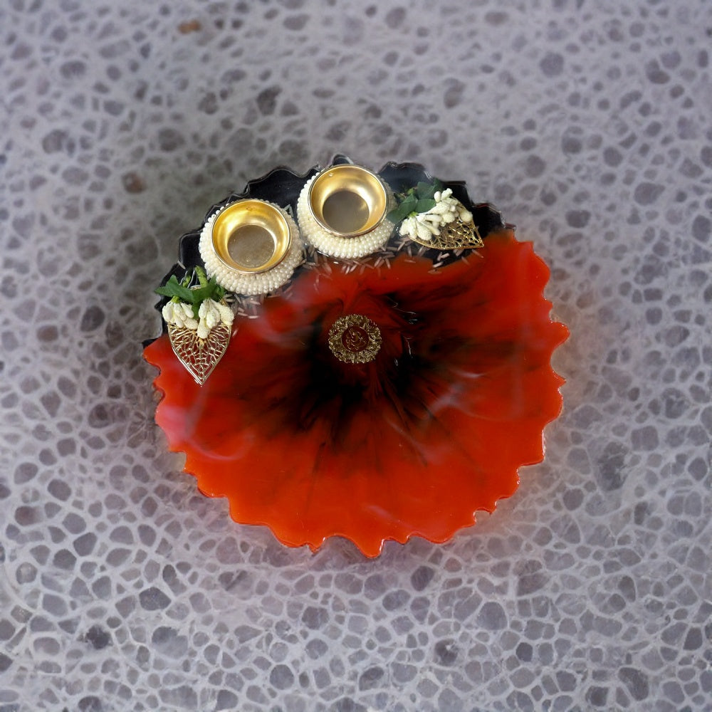 Resin Pooja Plate - Red with white flowers